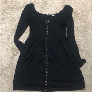 BDG Button Front Black Long Sleeve Babydoll Dress